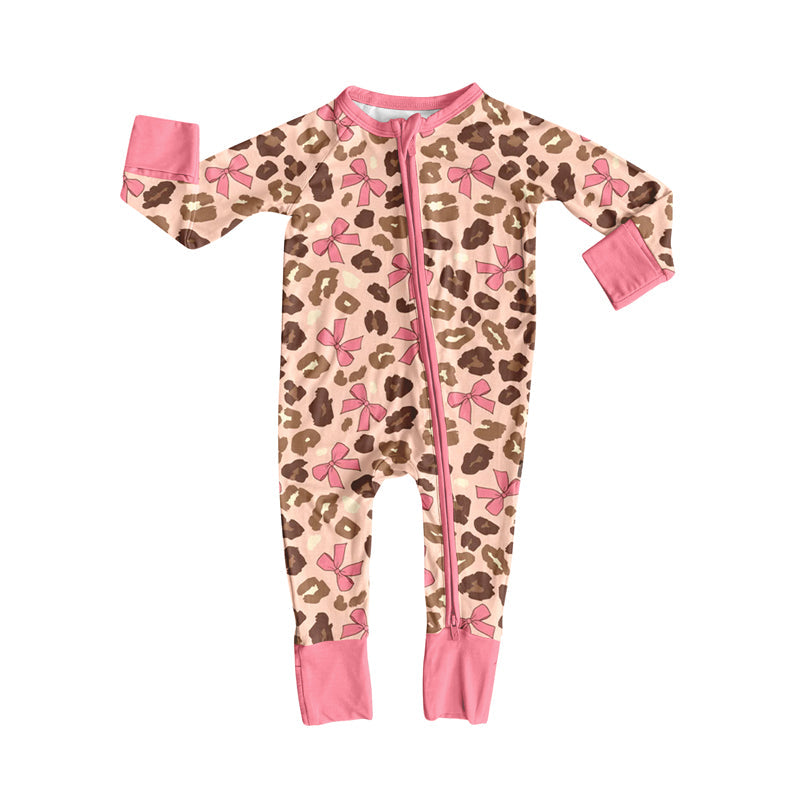 Pink bow leopard long sleeves baby girls zipper romper