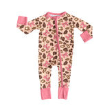 Pink bow leopard long sleeves baby girls zipper romper