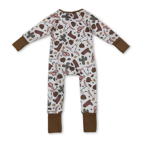 Bull skull cactus pumpkin boy western fall zipper romper