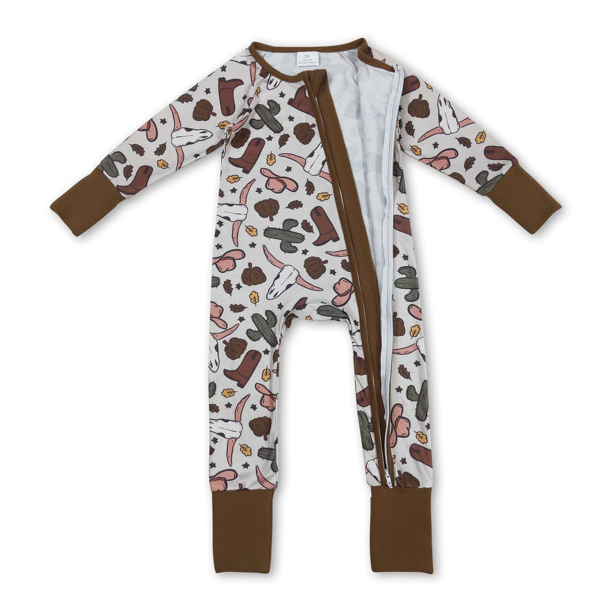 Bull skull cactus pumpkin boy western fall zipper romper