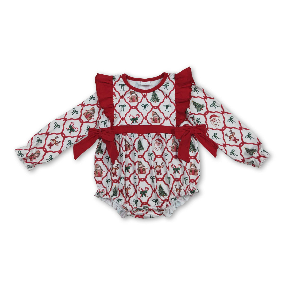 Long sleeves santa deer bow baby girls Christmas romper