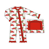 Red ruffle Christmas tree truck baby girls zipper romper