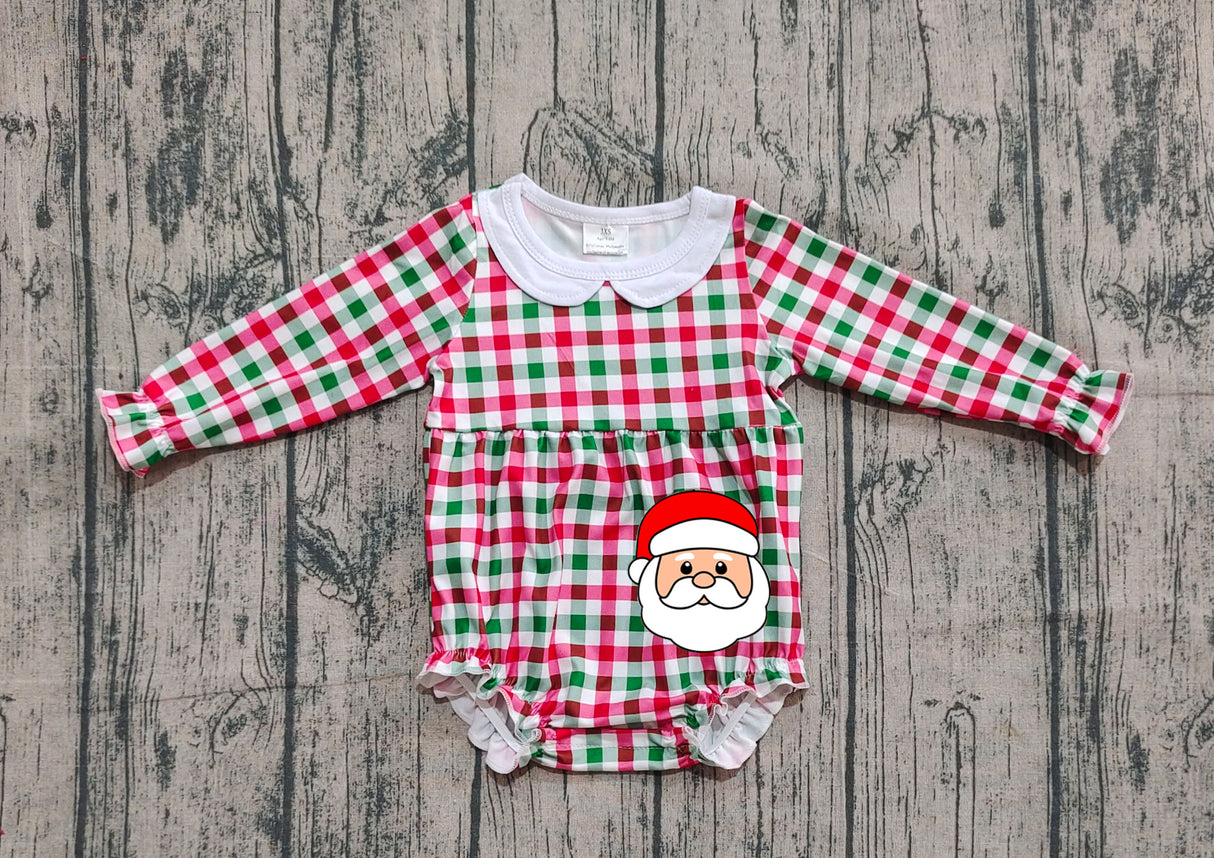 Red green plaid santa baby girl Christmas romper