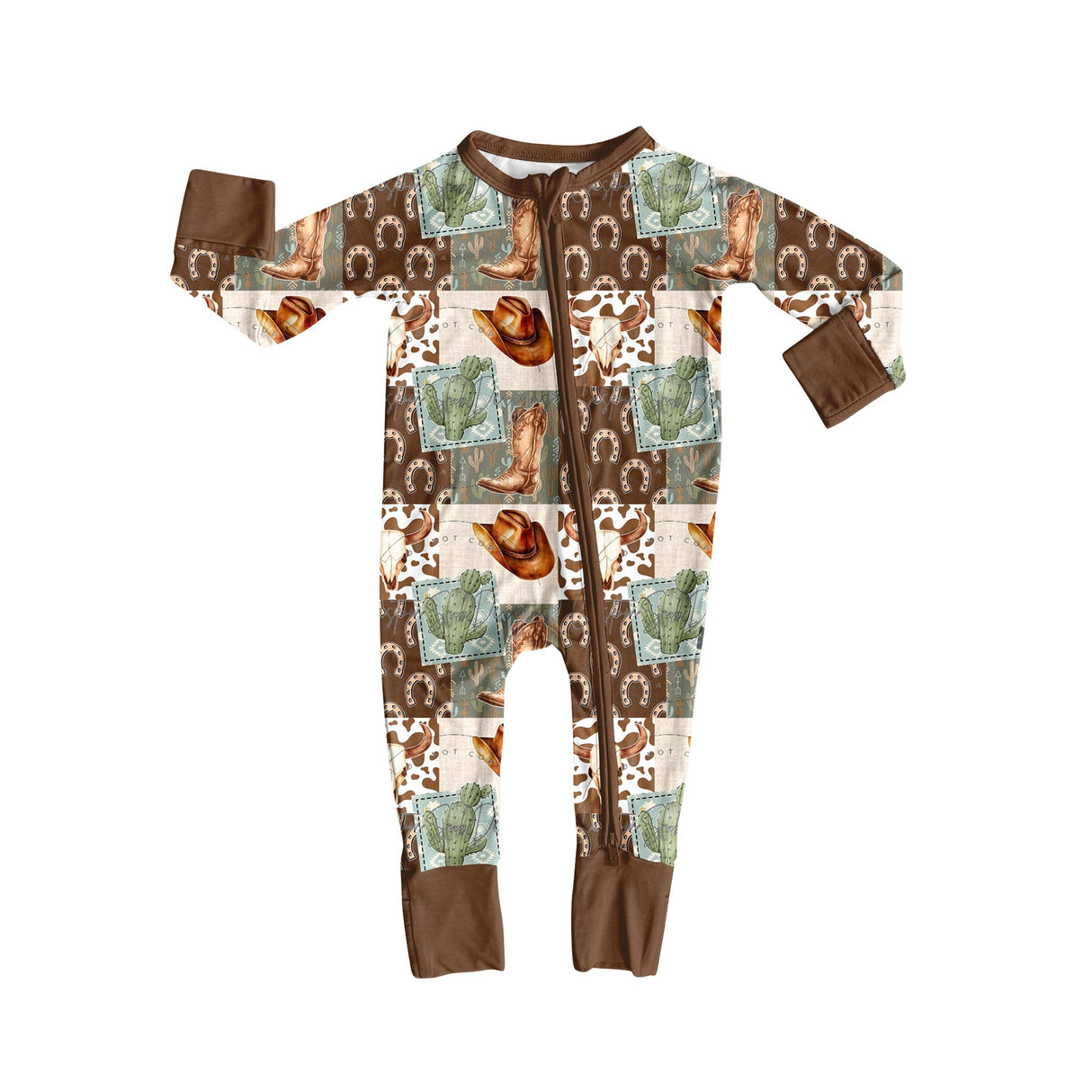Brown long sleeves boots cactus baby boy zipper romper