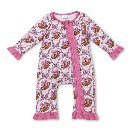 Pink ruffle long sleeves football bow baby girls zipper romper