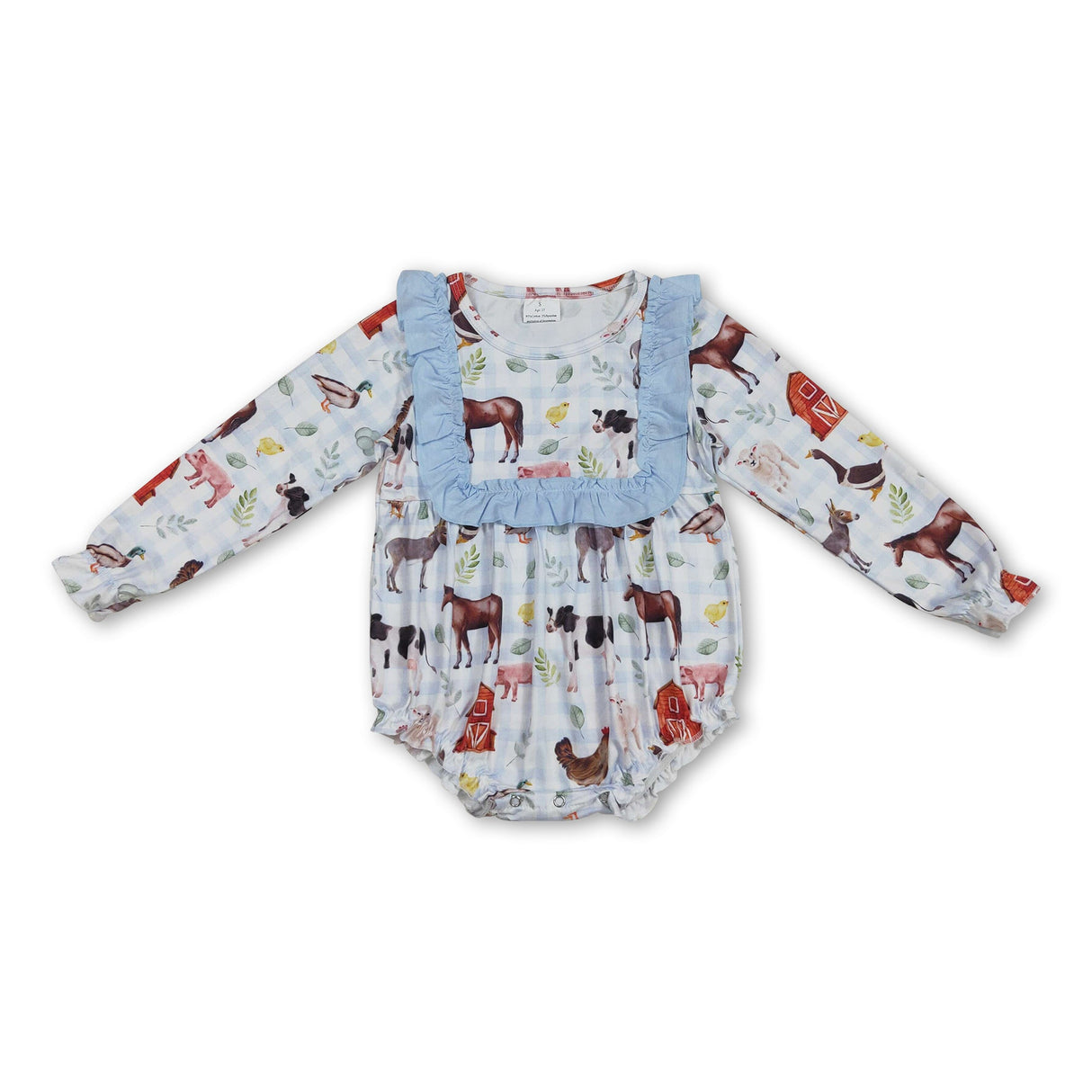 Light blue long sleeves plaid baby girls farm romper