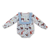 Light blue long sleeves plaid baby girls farm romper