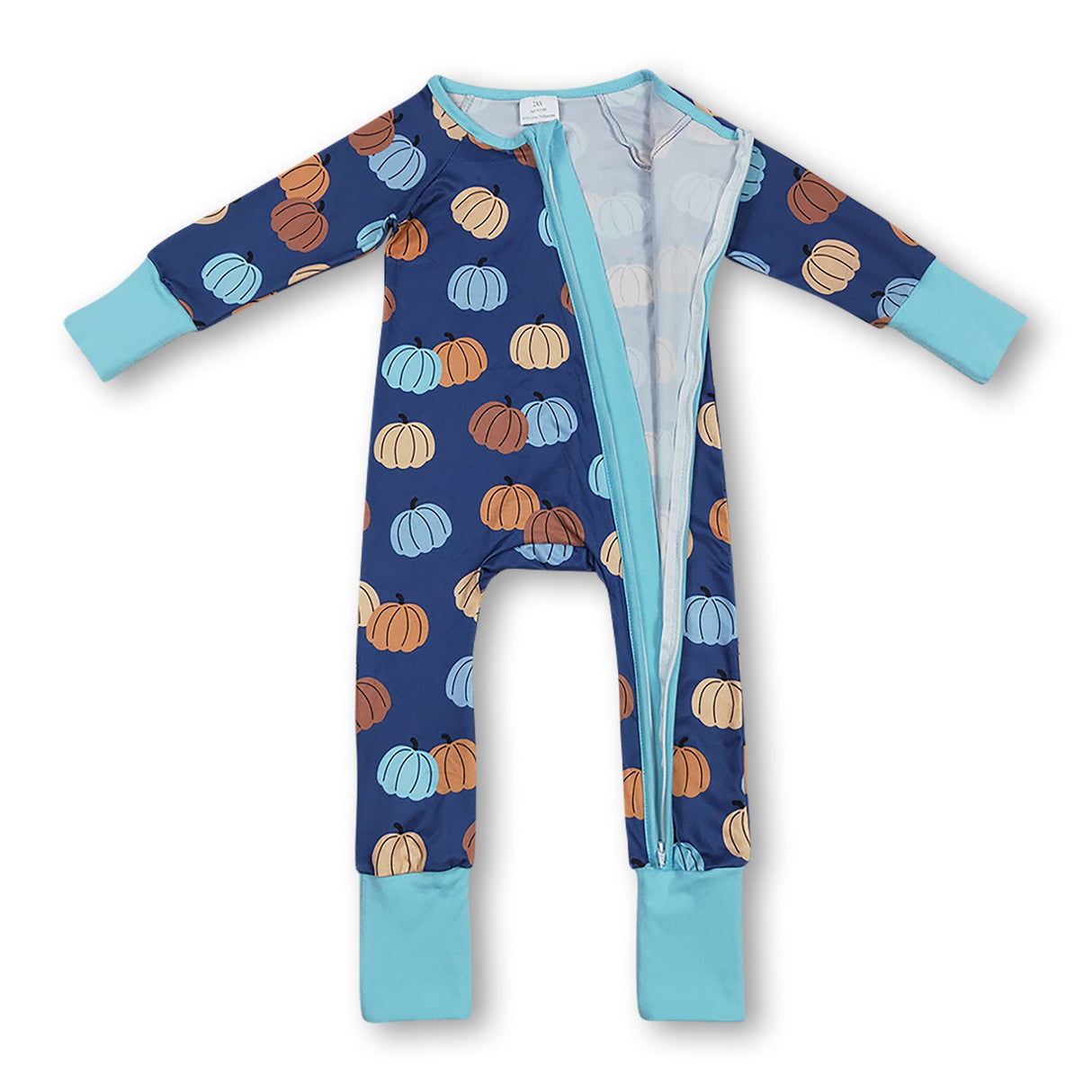 Blue long sleeves pumpkin baby boy fall zipper romper