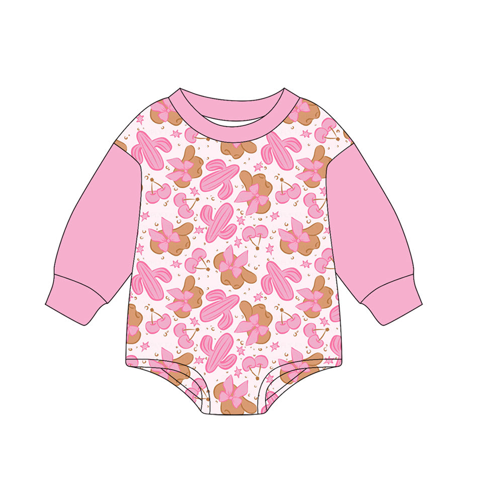Pink long sleeves cactus bow western baby romper