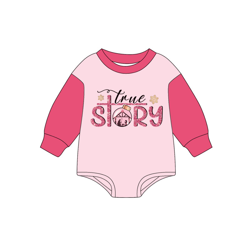 Long sleeves pink true story nativity girls Christmas romper