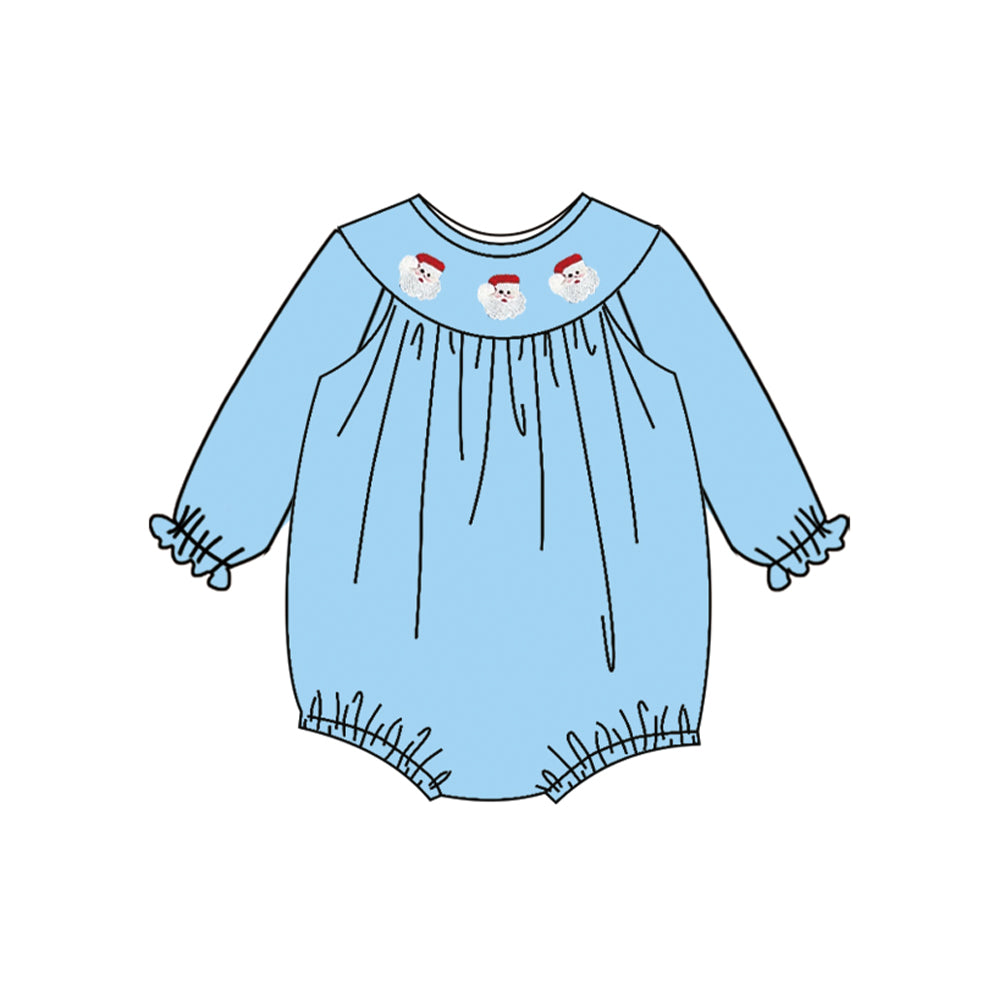 Blue long sleeves santa smocked baby girls Christmas romper
