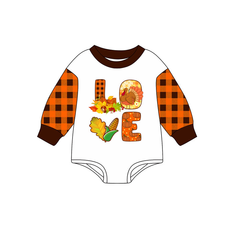 Long sleeves plaid love turkey baby Thanksgiving romper