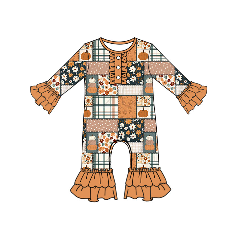 Ruffle long sleeves pumpkin floral patchwork girls fall romper