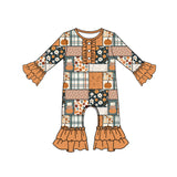 Ruffle long sleeves pumpkin floral patchwork girls fall romper