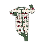 Green Christmas tree tractor baby kids zipper romper