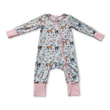 Pink pig chicken cow farm baby girls zipper romper