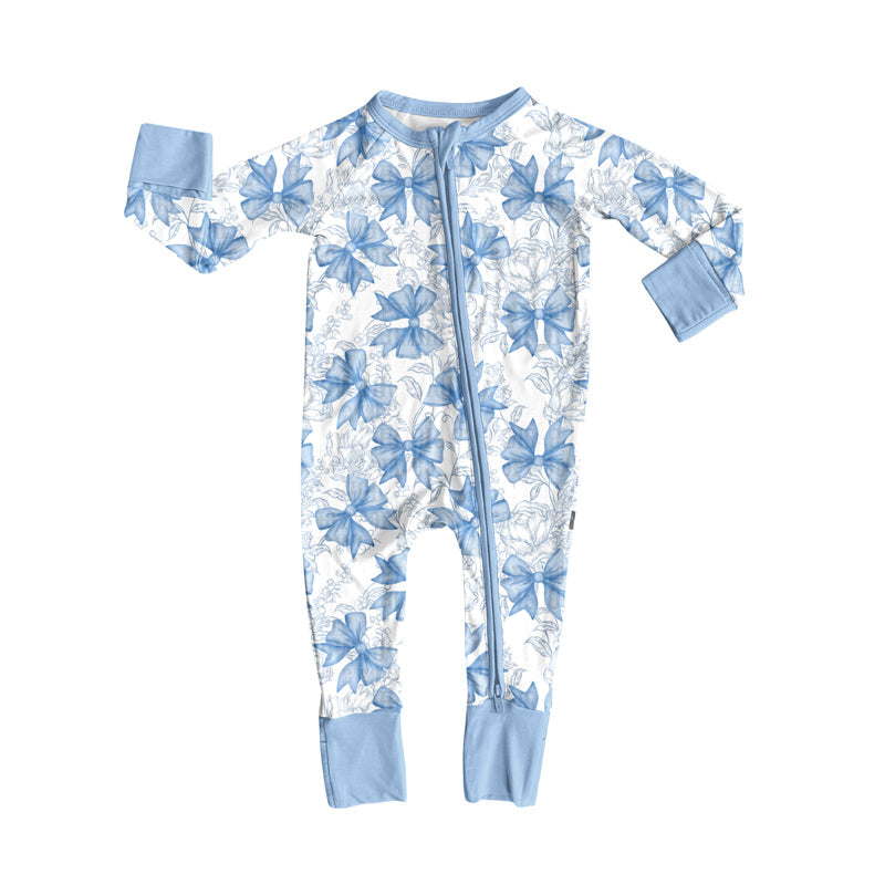 Light blue bow floral baby girls zipper romper