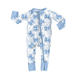 Light blue bow floral baby girls zipper romper