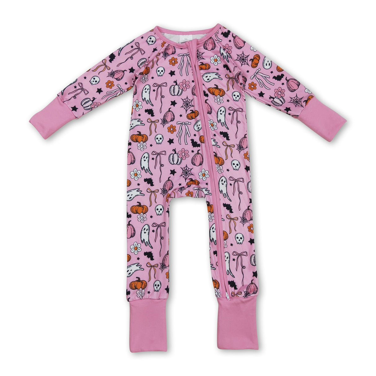 Pink bow pumpkin ghost baby girls Halloween zipper romper
