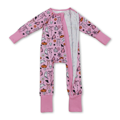 Pink bow pumpkin ghost baby girls Halloween zipper romper