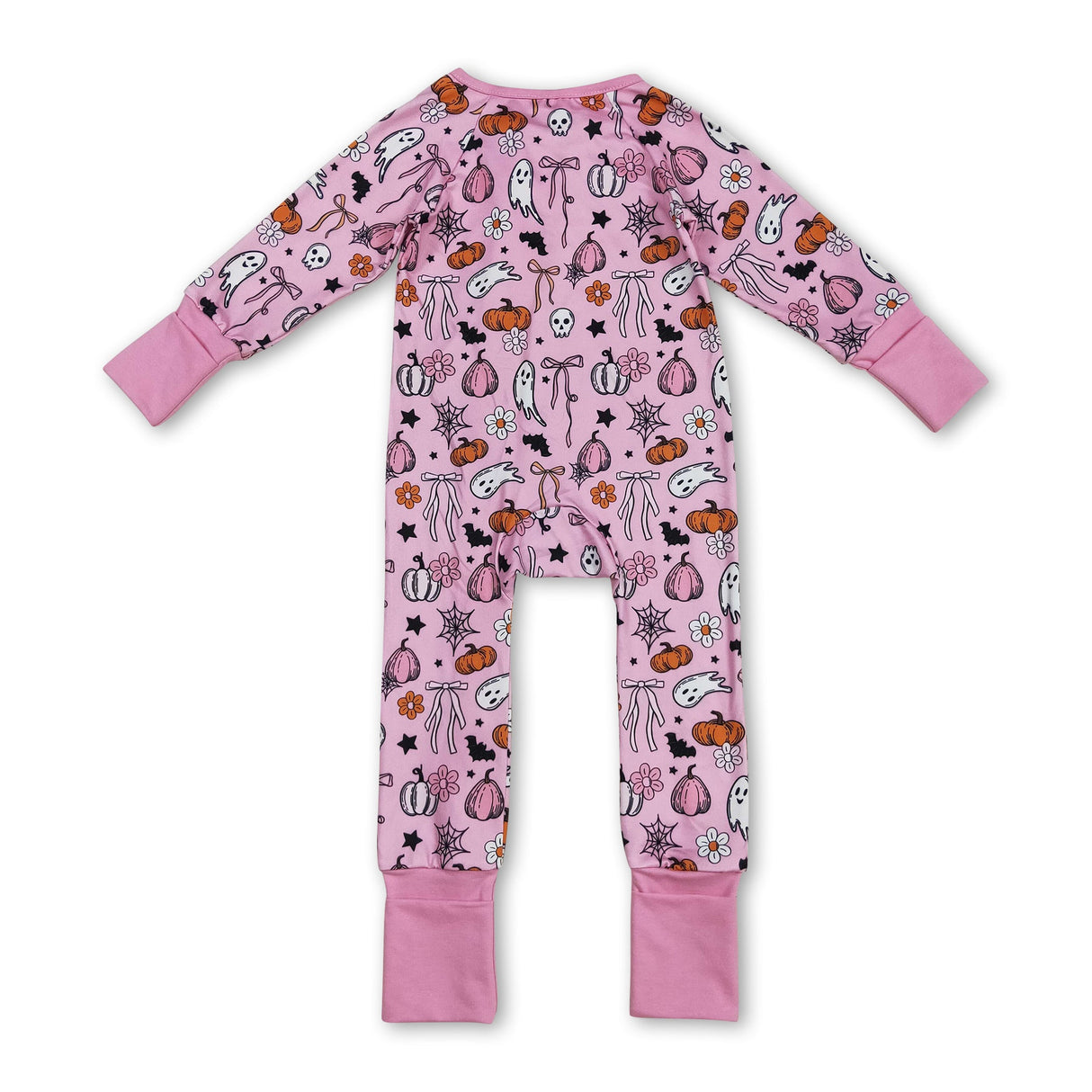 Pink bow pumpkin ghost baby girls Halloween zipper romper