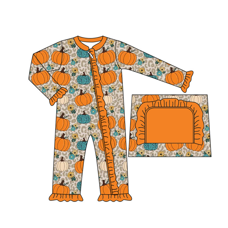 Orange ruffle leopard pumpkin baby girls fall zipper romper