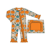 Orange ruffle leopard pumpkin baby girls fall zipper romper