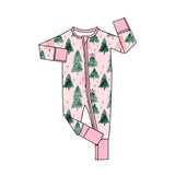 Pink bow long sleeves Christmas tree baby girls zipper romper