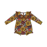 Ruffle long sleeves football sunflower bow baby girls romper