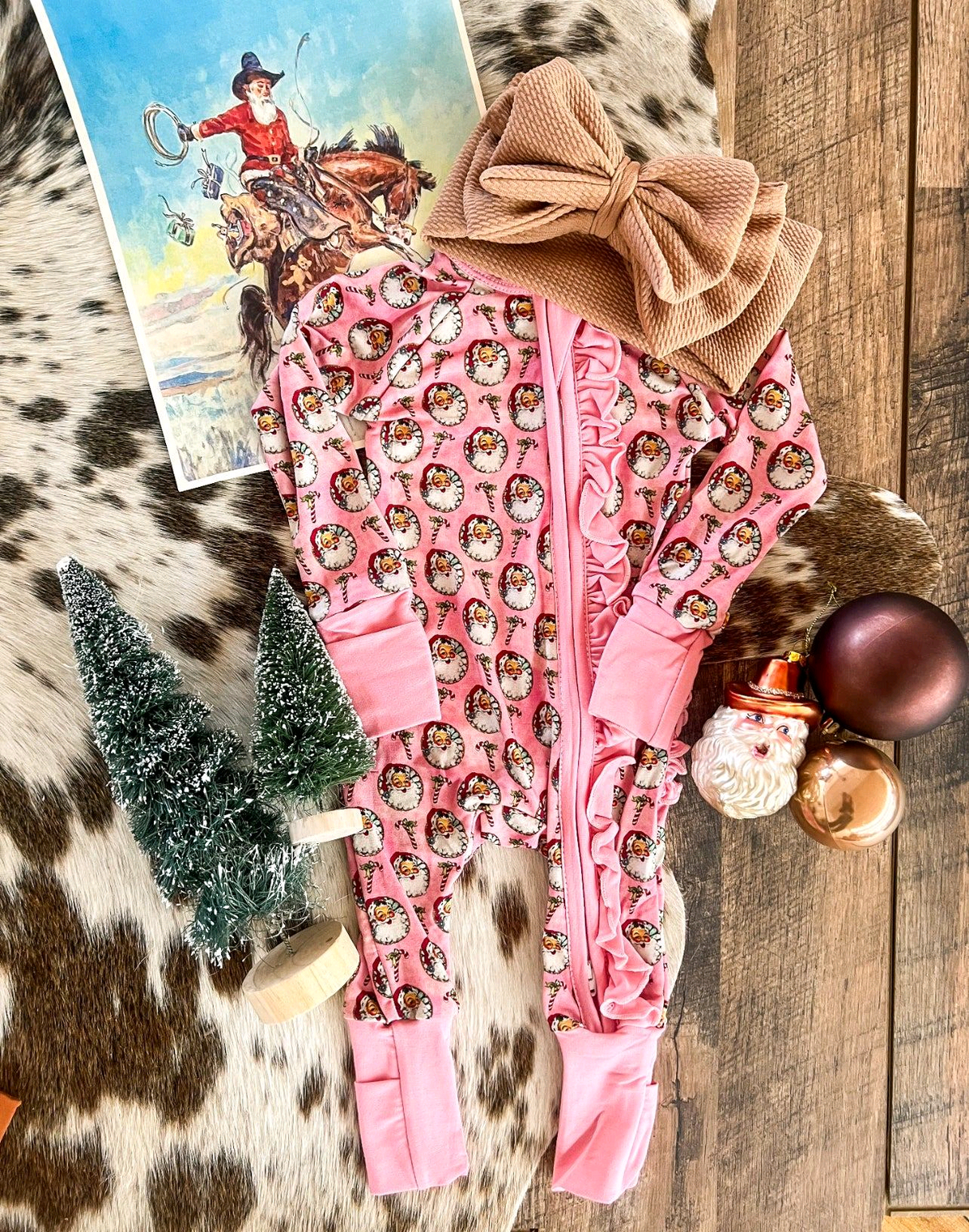 Pink ruffle santa candy cane baby girls zipper Christmas romper