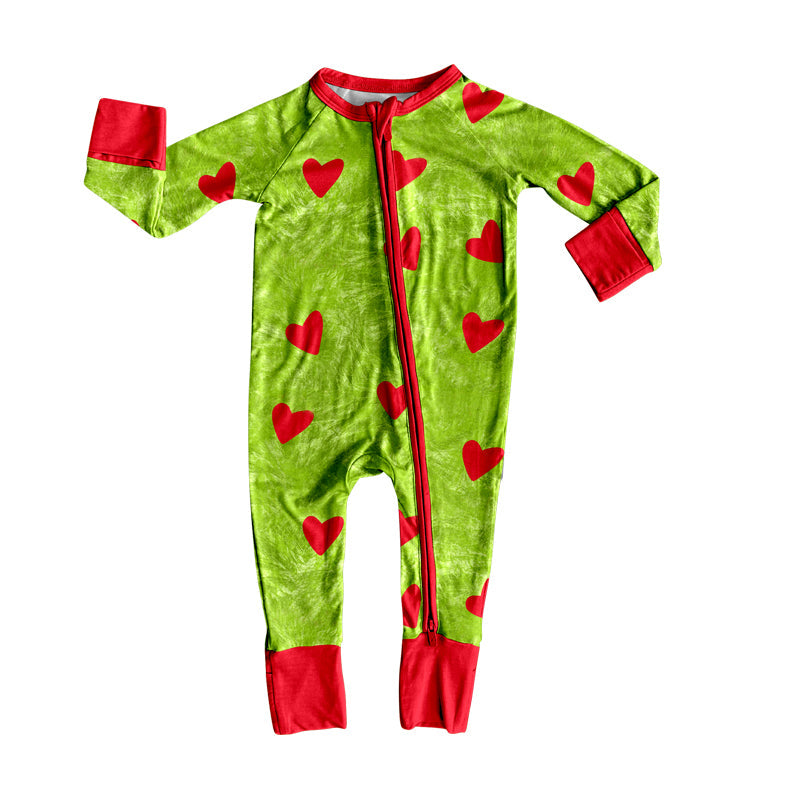 Long sleeves heart green face baby girls Christmas zipper romper