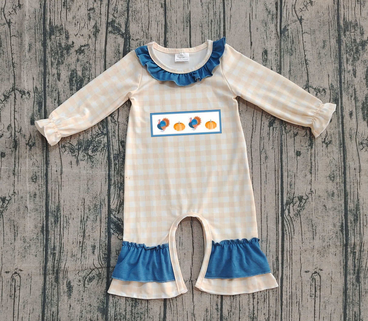 Plaid long sleeves turkey pumpkin girls Thanksgiving romper
