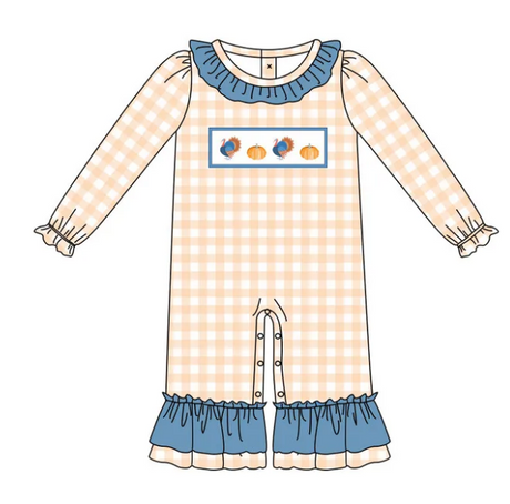 Plaid long sleeves turkey pumpkin girls Thanksgiving romper