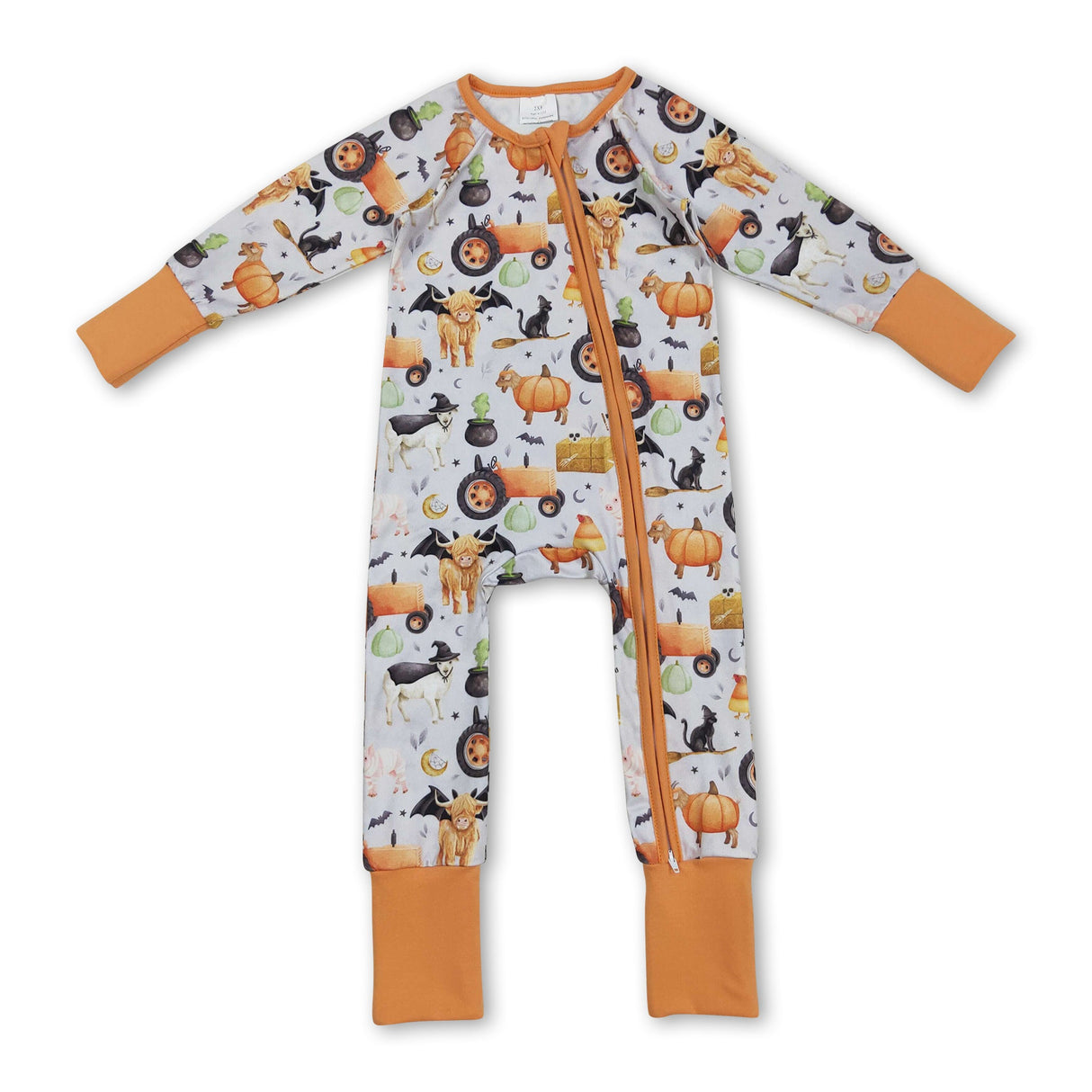 Cow pumpkin bat tractor farm baby boy Halloween zip romper