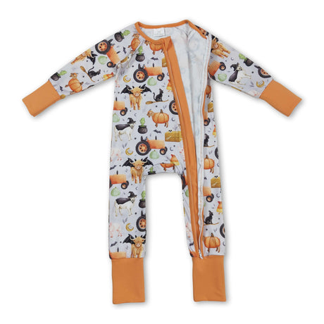 Cow pumpkin bat tractor farm baby boy Halloween zip romper