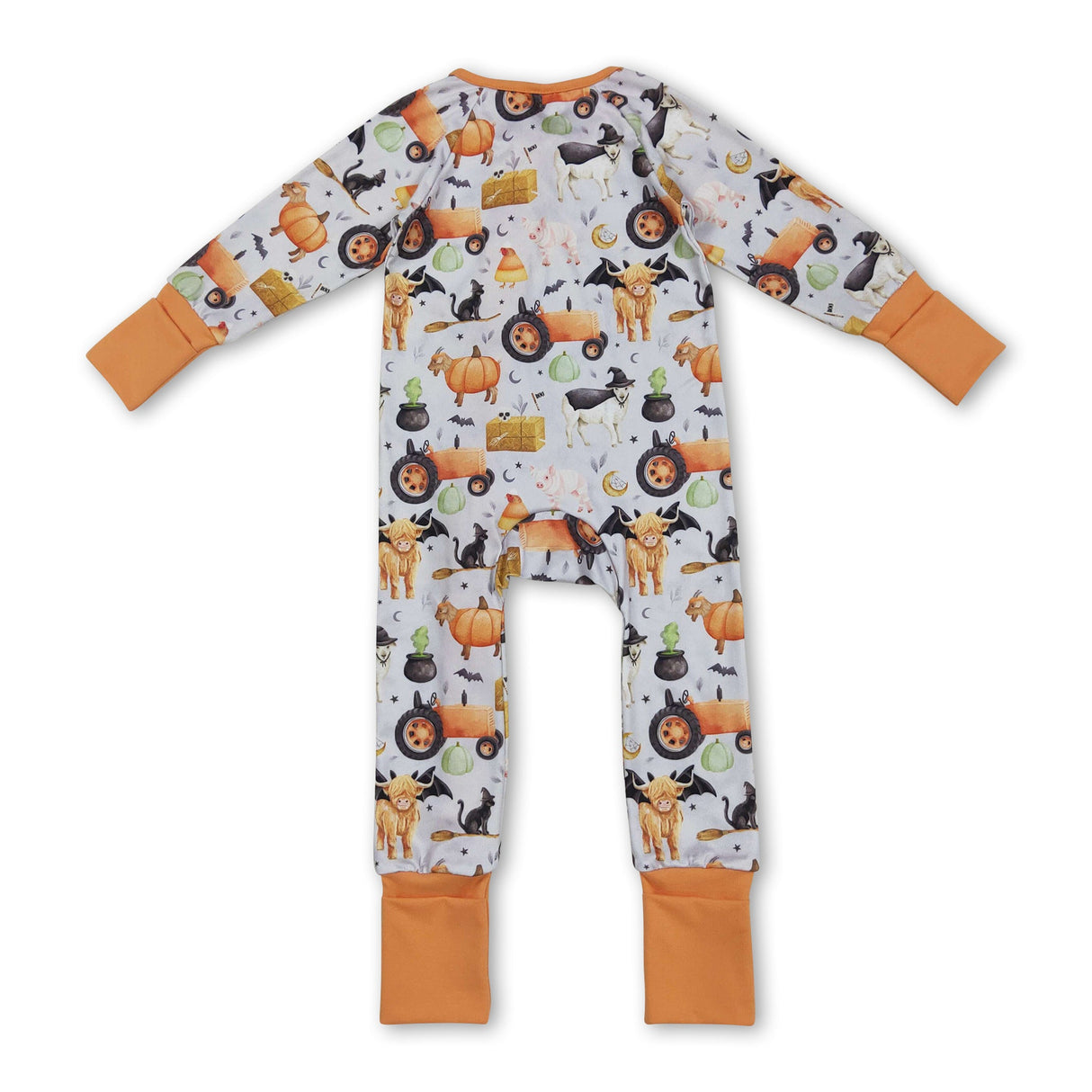 Cow pumpkin bat tractor farm baby boy Halloween zip romper