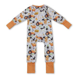 Cow pumpkin bat tractor farm baby boy Halloween zip romper
