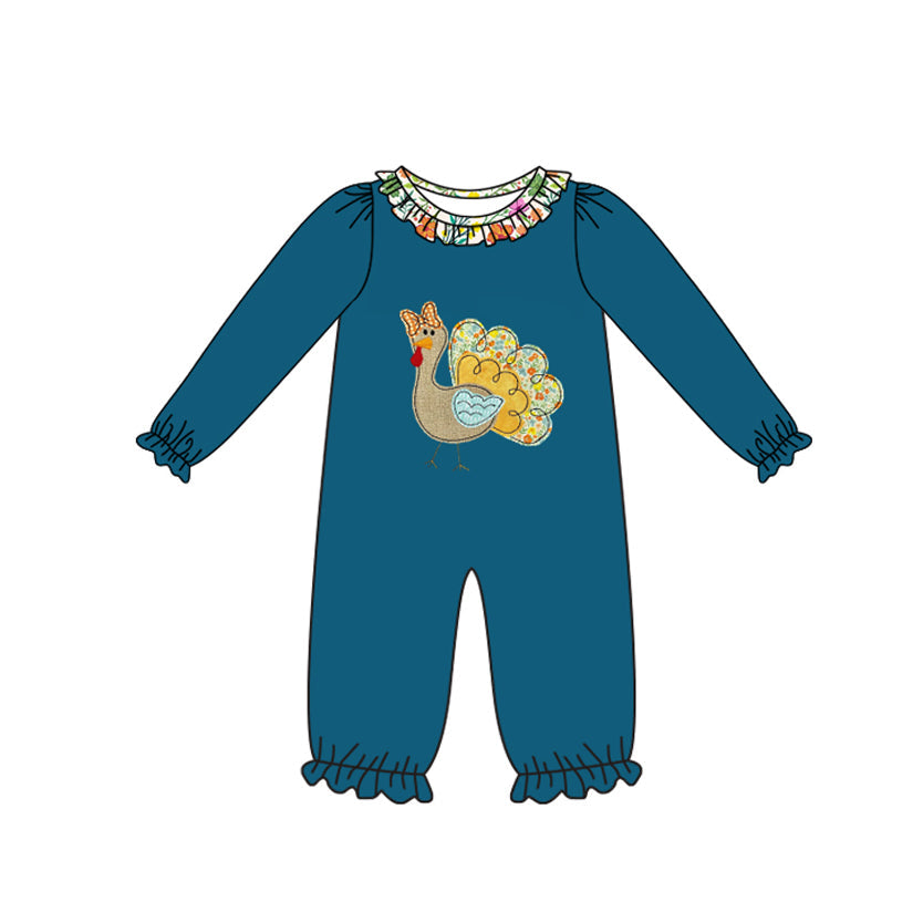Long sleeves floral ruffle turkey baby girls Thanksgiving romper