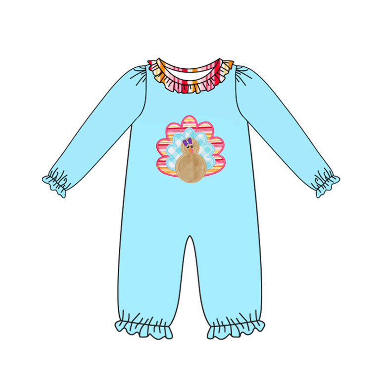 Light blue long sleeves turkey baby girls Thanksgiving romper