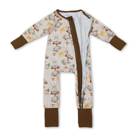 Long sleeves pumpkin patch floral bow girls fall zipper romper