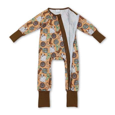 Cow cactus boots pumpkin western baby fall zipper romper