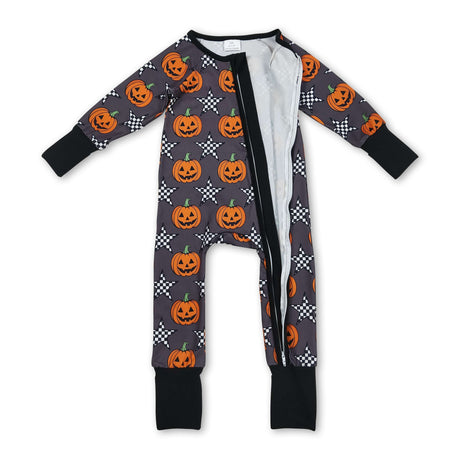 Long sleeves pumpkin plaid star baby Halloween zipper romper