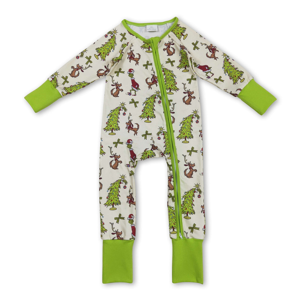 Green face bow Christmas tree baby girls zipper romper