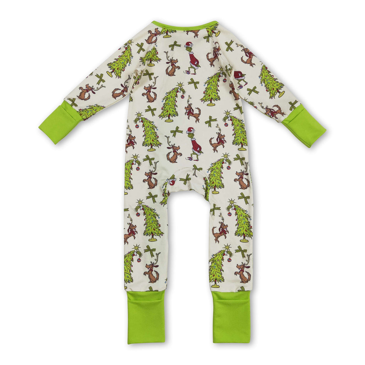 Green face bow Christmas tree baby girls zipper romper
