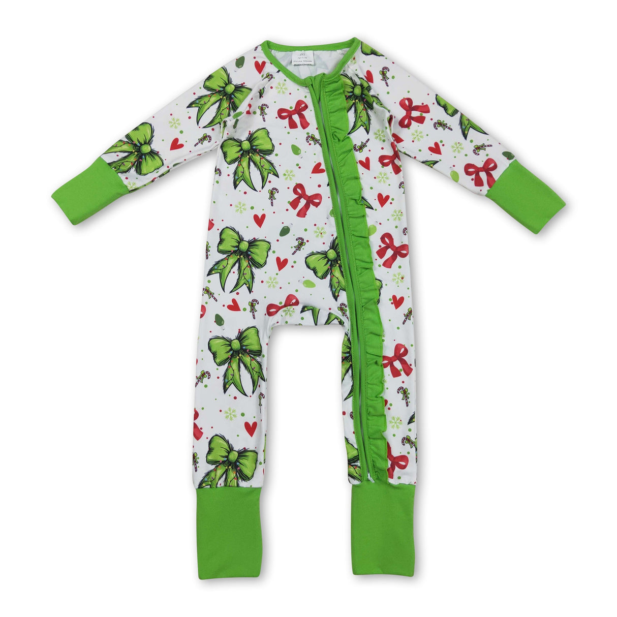 Ruffle green face baby girls Christmas zipper romper
