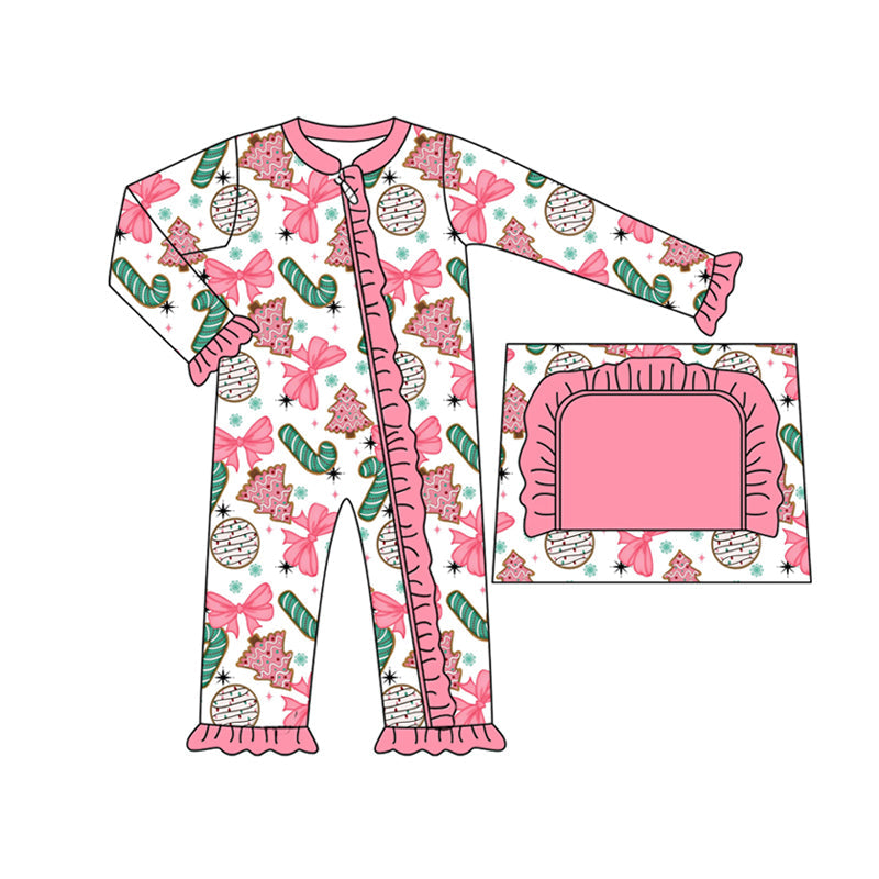 Long sleeves Christmas tree bow candy cane baby zip romper