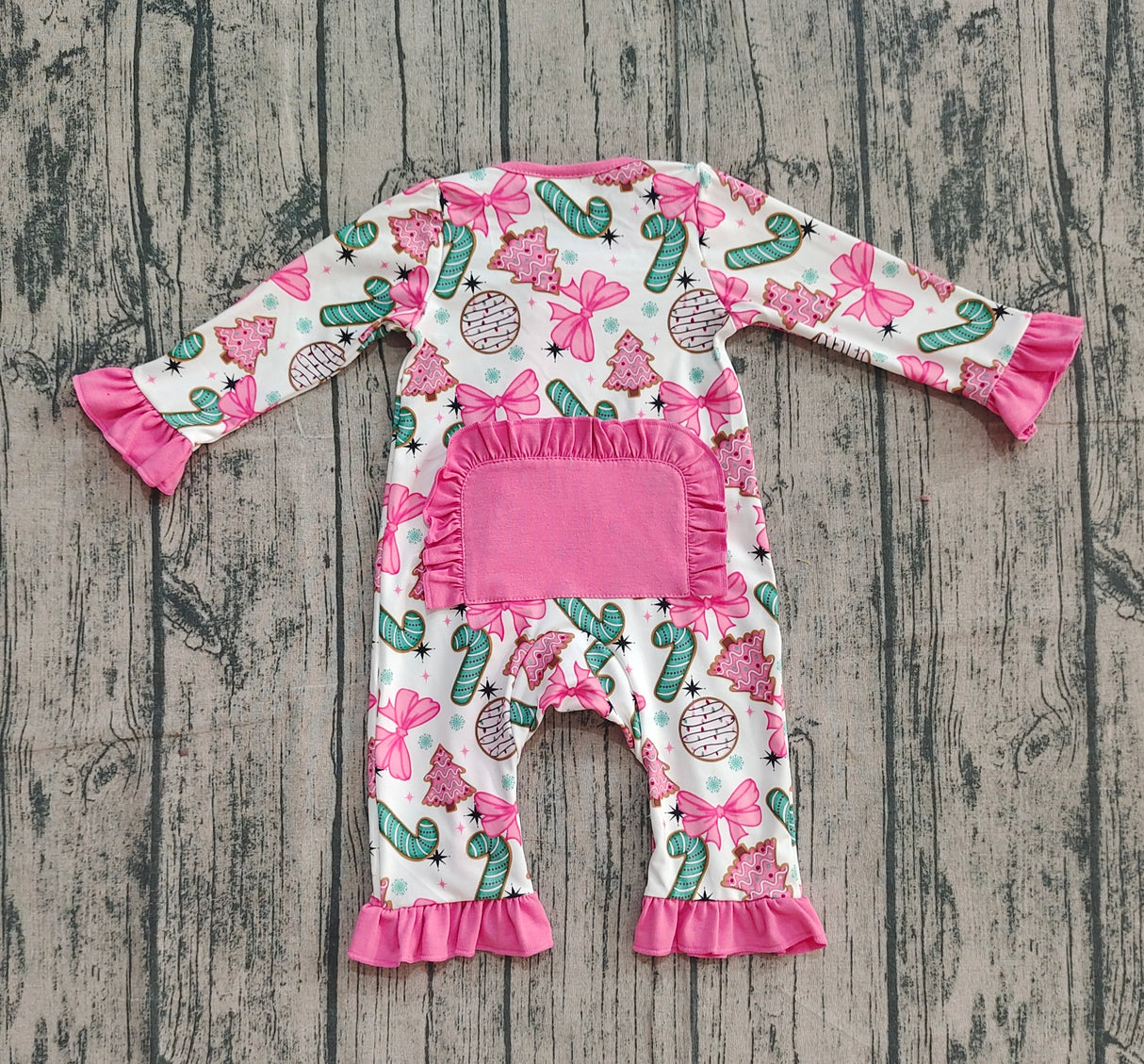Long sleeves Christmas tree bow candy cane baby zip romper