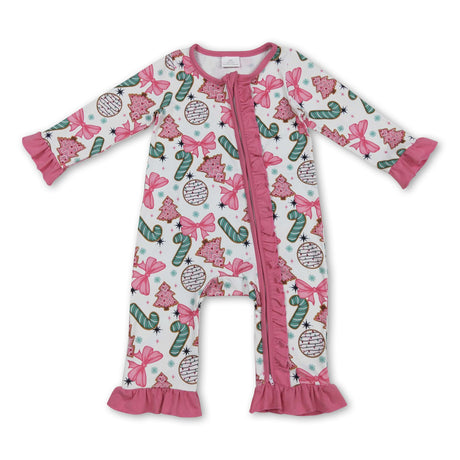 Long sleeves Christmas tree bow candy cane baby zip romper