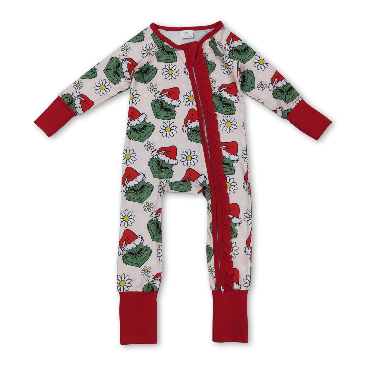 Floral green face Christmas hat baby girls zipper romper