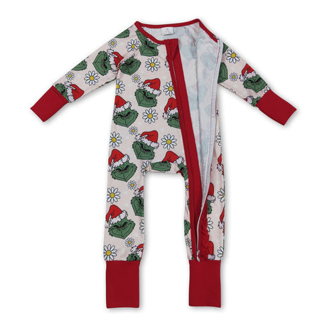 Floral green face Christmas hat baby girls zipper romper